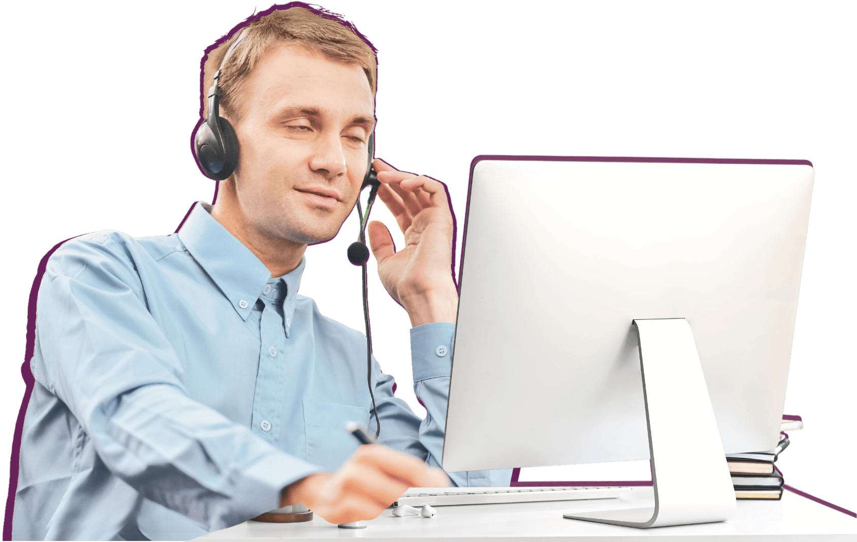 A person with a visual impairment wearing a headset while conducting a work call.